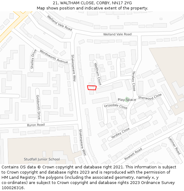 21, WALTHAM CLOSE, CORBY, NN17 2YG: Location map and indicative extent of plot