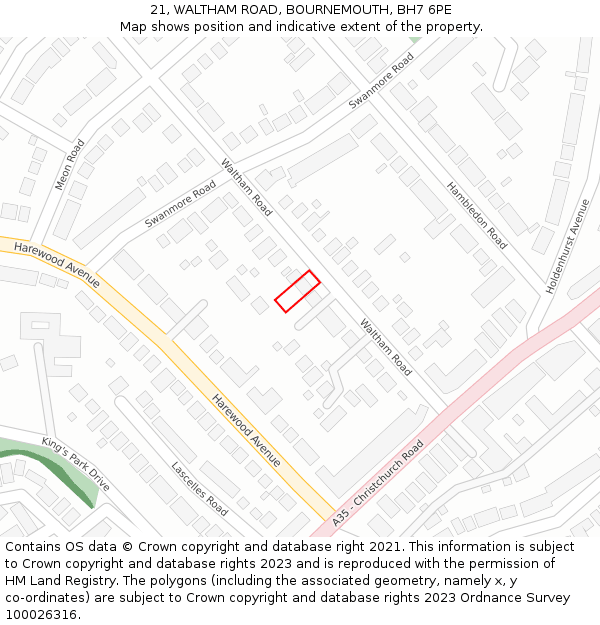 21, WALTHAM ROAD, BOURNEMOUTH, BH7 6PE: Location map and indicative extent of plot
