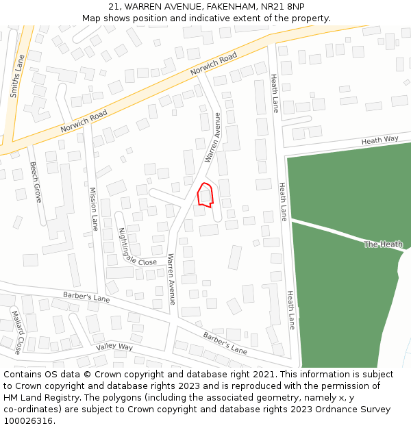 21, WARREN AVENUE, FAKENHAM, NR21 8NP: Location map and indicative extent of plot