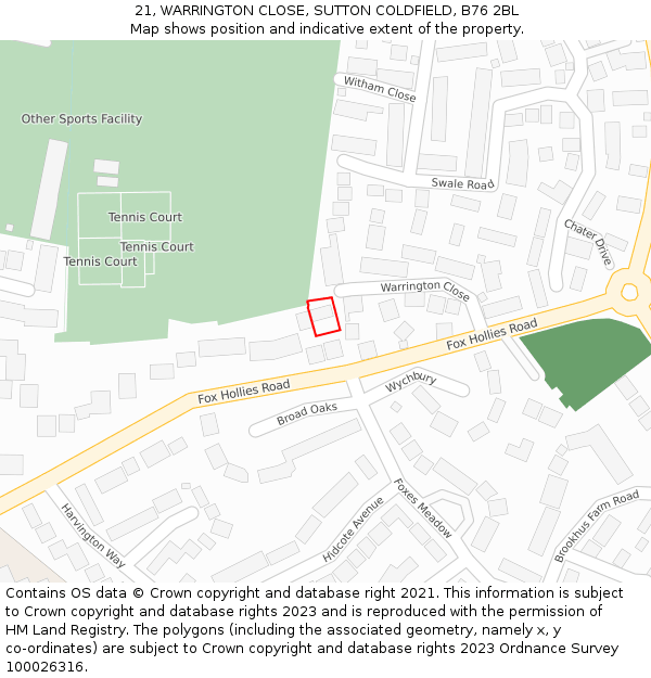 21, WARRINGTON CLOSE, SUTTON COLDFIELD, B76 2BL: Location map and indicative extent of plot