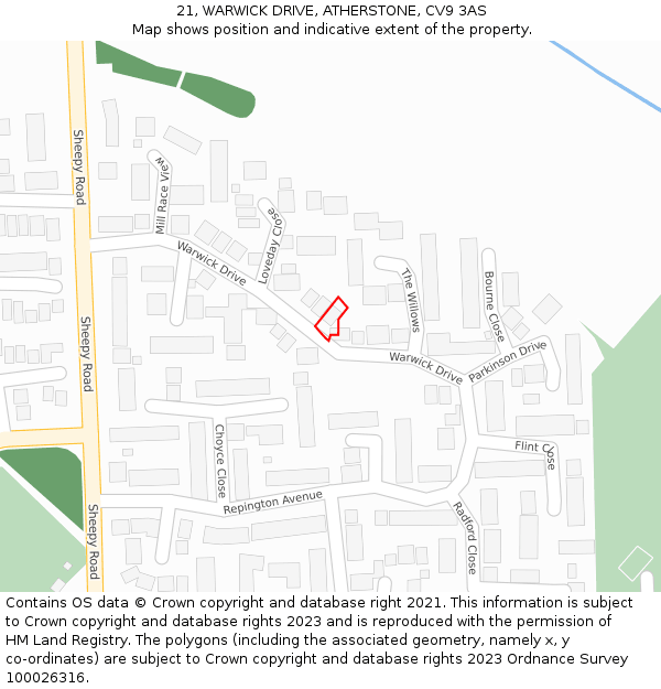 21, WARWICK DRIVE, ATHERSTONE, CV9 3AS: Location map and indicative extent of plot