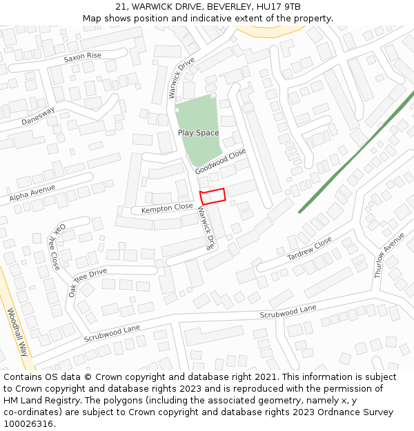 21, WARWICK DRIVE, BEVERLEY, HU17 9TB: Location map and indicative extent of plot