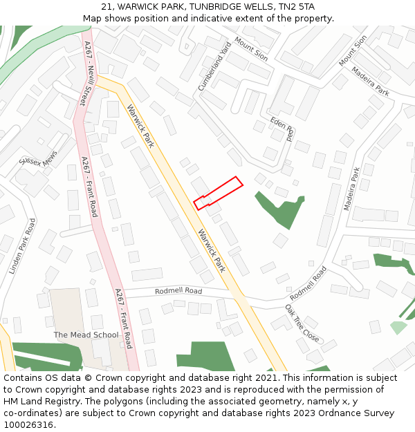 21, WARWICK PARK, TUNBRIDGE WELLS, TN2 5TA: Location map and indicative extent of plot