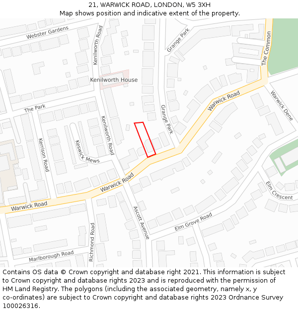 21, WARWICK ROAD, LONDON, W5 3XH: Location map and indicative extent of plot