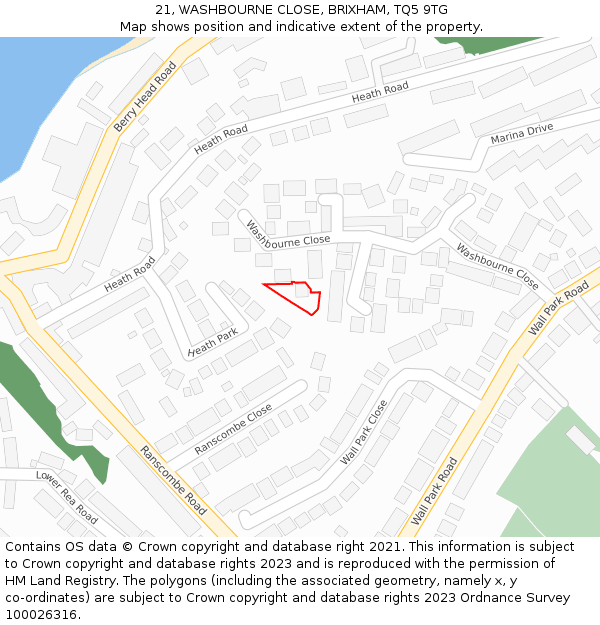 21, WASHBOURNE CLOSE, BRIXHAM, TQ5 9TG: Location map and indicative extent of plot