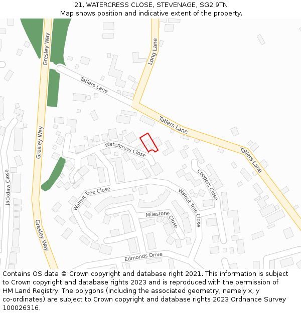 21, WATERCRESS CLOSE, STEVENAGE, SG2 9TN: Location map and indicative extent of plot