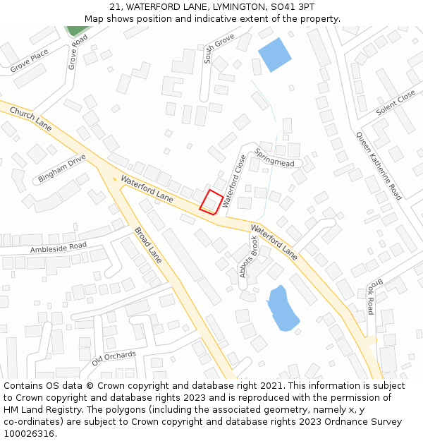 21, WATERFORD LANE, LYMINGTON, SO41 3PT: Location map and indicative extent of plot