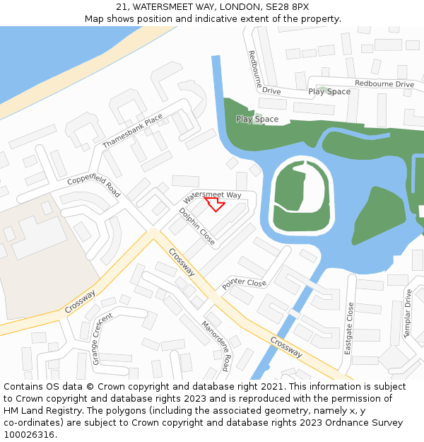 21, WATERSMEET WAY, LONDON, SE28 8PX: Location map and indicative extent of plot