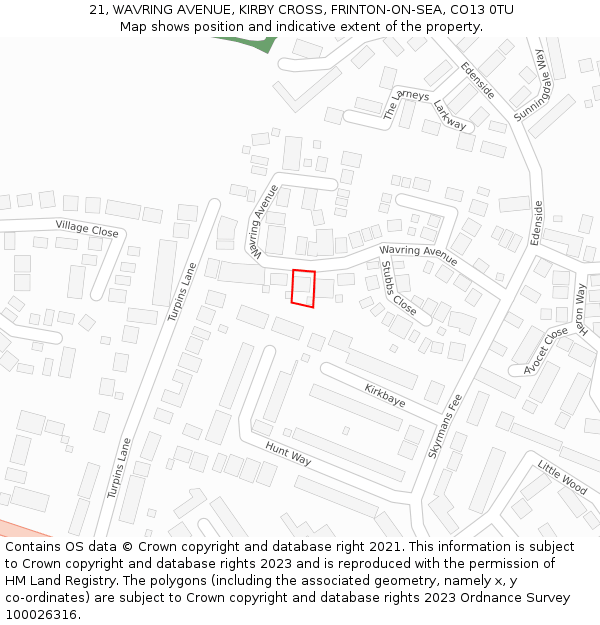 21, WAVRING AVENUE, KIRBY CROSS, FRINTON-ON-SEA, CO13 0TU: Location map and indicative extent of plot