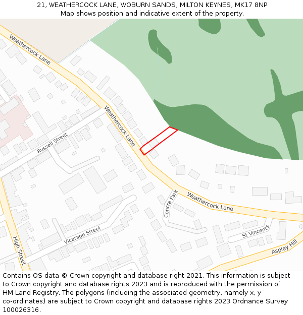 21, WEATHERCOCK LANE, WOBURN SANDS, MILTON KEYNES, MK17 8NP: Location map and indicative extent of plot