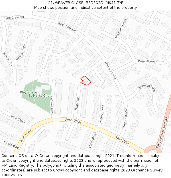 21, WEAVER CLOSE, BEDFORD, MK41 7YR: Location map and indicative extent of plot