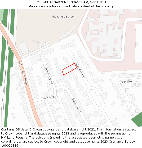 21, WELBY GARDENS, GRANTHAM, NG31 8BN: Location map and indicative extent of plot