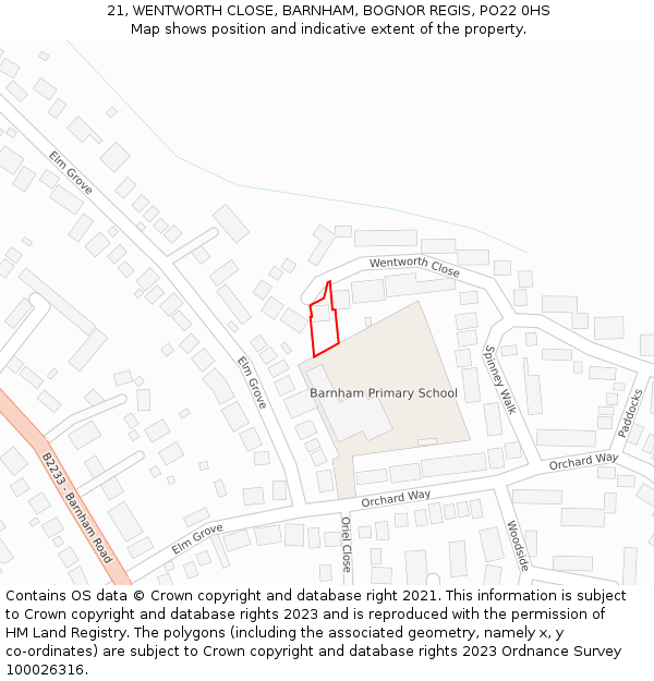 21, WENTWORTH CLOSE, BARNHAM, BOGNOR REGIS, PO22 0HS: Location map and indicative extent of plot