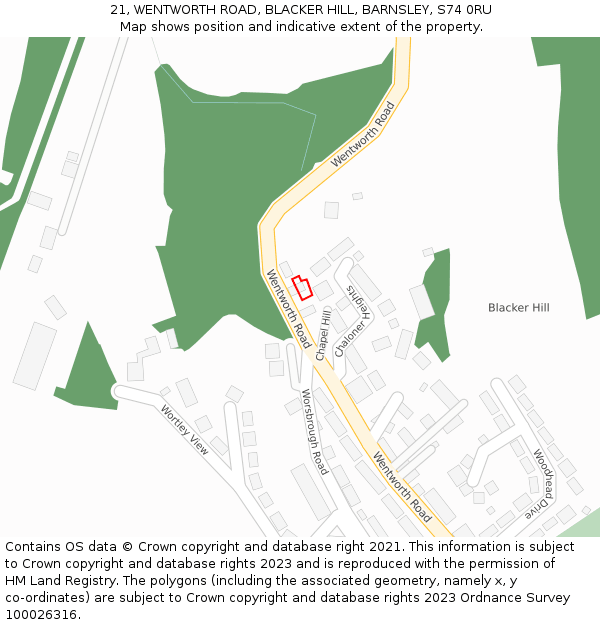 21, WENTWORTH ROAD, BLACKER HILL, BARNSLEY, S74 0RU: Location map and indicative extent of plot
