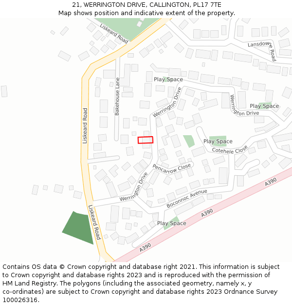 21, WERRINGTON DRIVE, CALLINGTON, PL17 7TE: Location map and indicative extent of plot