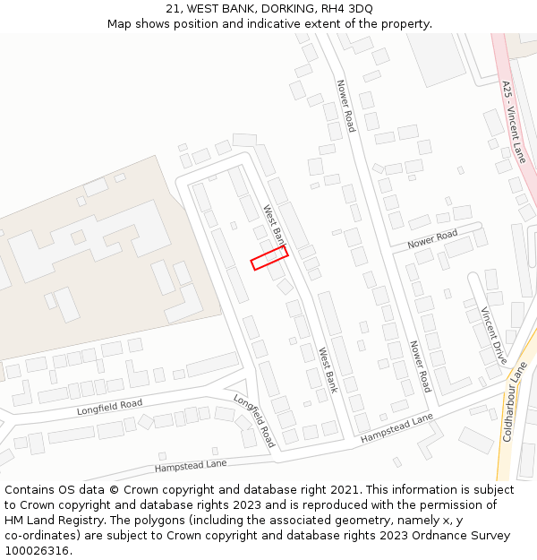 21, WEST BANK, DORKING, RH4 3DQ: Location map and indicative extent of plot