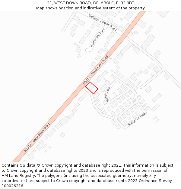 21, WEST DOWN ROAD, DELABOLE, PL33 9DT: Location map and indicative extent of plot