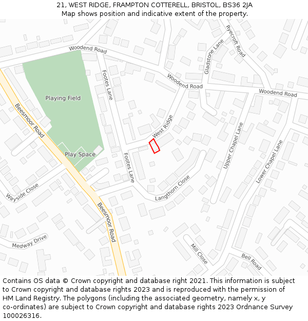 21, WEST RIDGE, FRAMPTON COTTERELL, BRISTOL, BS36 2JA: Location map and indicative extent of plot