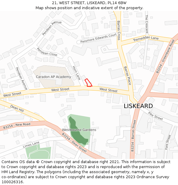 21, WEST STREET, LISKEARD, PL14 6BW: Location map and indicative extent of plot