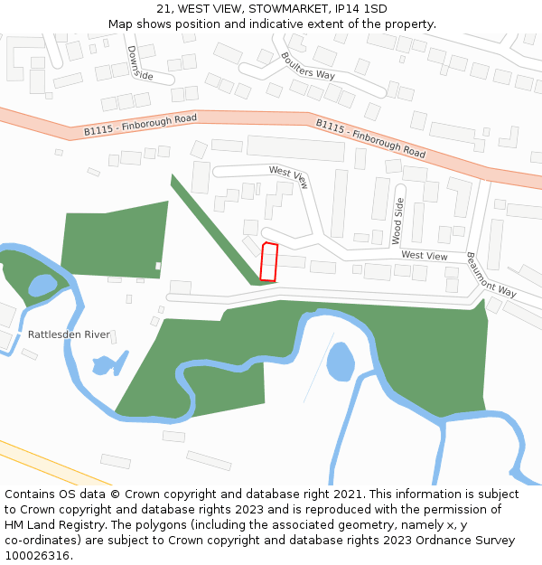 21, WEST VIEW, STOWMARKET, IP14 1SD: Location map and indicative extent of plot