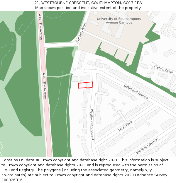 21, WESTBOURNE CRESCENT, SOUTHAMPTON, SO17 1EA: Location map and indicative extent of plot