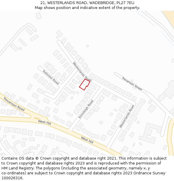 21, WESTERLANDS ROAD, WADEBRIDGE, PL27 7EU: Location map and indicative extent of plot