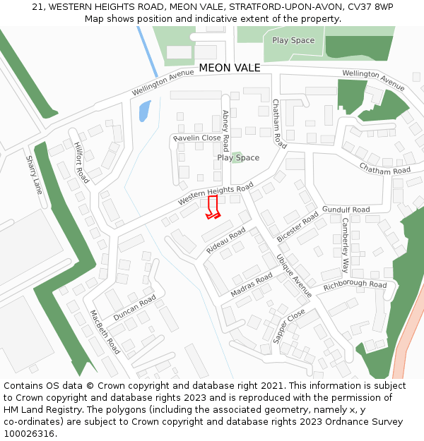 21, WESTERN HEIGHTS ROAD, MEON VALE, STRATFORD-UPON-AVON, CV37 8WP: Location map and indicative extent of plot