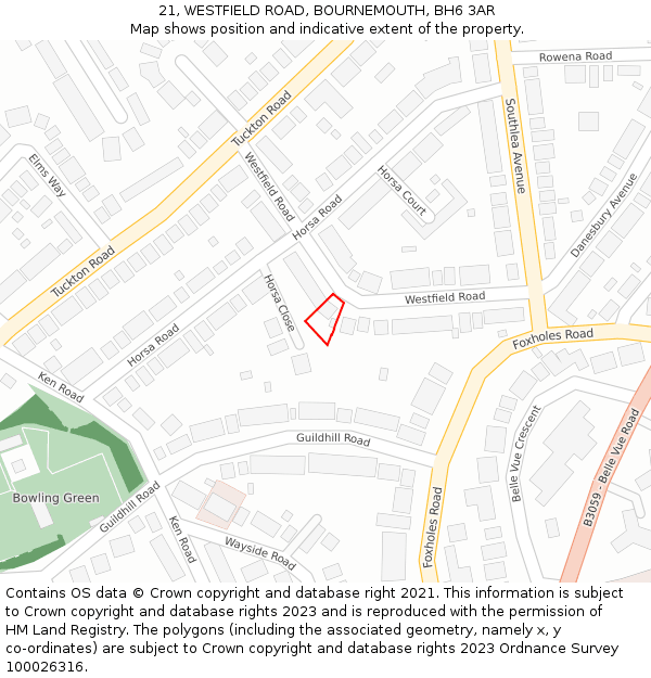 21, WESTFIELD ROAD, BOURNEMOUTH, BH6 3AR: Location map and indicative extent of plot