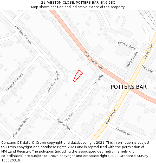 21, WESTON CLOSE, POTTERS BAR, EN6 2BQ: Location map and indicative extent of plot