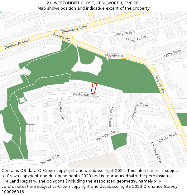 21, WESTONBIRT CLOSE, KENILWORTH, CV8 2PL: Location map and indicative extent of plot