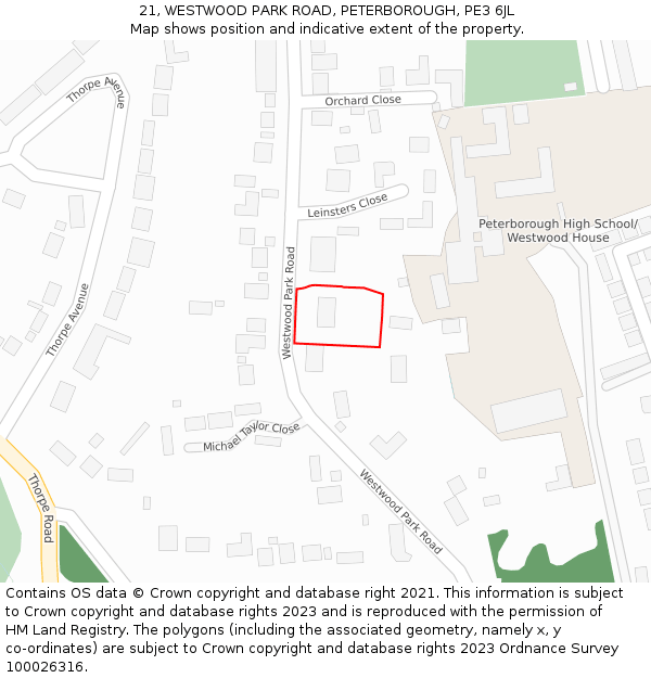 21, WESTWOOD PARK ROAD, PETERBOROUGH, PE3 6JL: Location map and indicative extent of plot