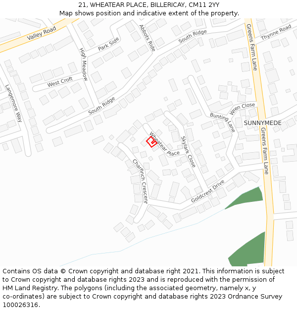 21, WHEATEAR PLACE, BILLERICAY, CM11 2YY: Location map and indicative extent of plot