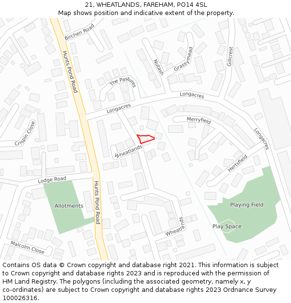 21, WHEATLANDS, FAREHAM, PO14 4SL: Location map and indicative extent of plot