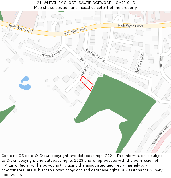 21, WHEATLEY CLOSE, SAWBRIDGEWORTH, CM21 0HS: Location map and indicative extent of plot