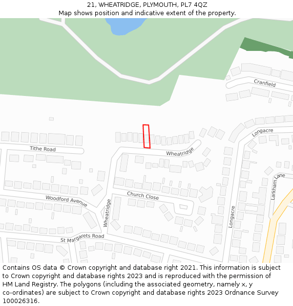 21, WHEATRIDGE, PLYMOUTH, PL7 4QZ: Location map and indicative extent of plot