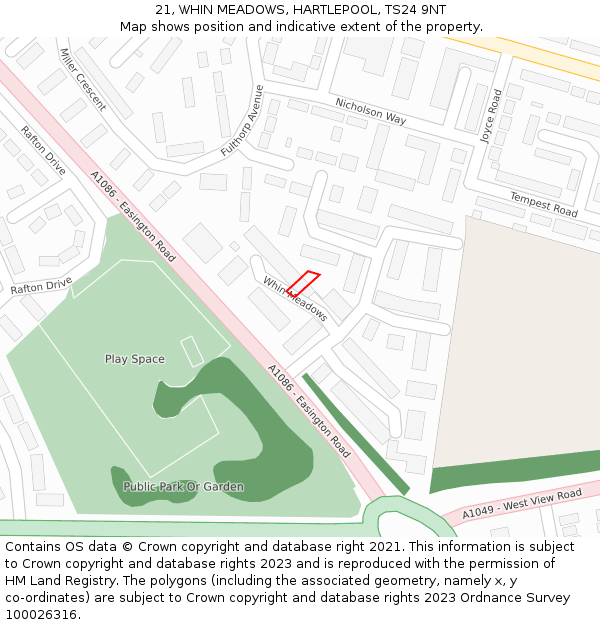 21, WHIN MEADOWS, HARTLEPOOL, TS24 9NT: Location map and indicative extent of plot