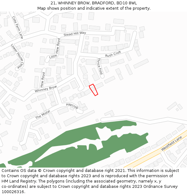 21, WHINNEY BROW, BRADFORD, BD10 8WL: Location map and indicative extent of plot