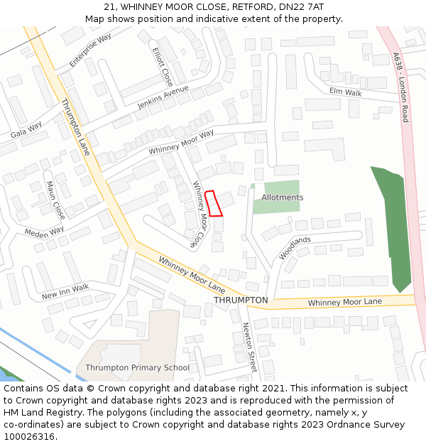 21, WHINNEY MOOR CLOSE, RETFORD, DN22 7AT: Location map and indicative extent of plot