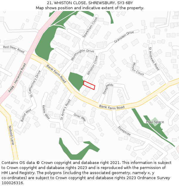 21, WHISTON CLOSE, SHREWSBURY, SY3 6BY: Location map and indicative extent of plot