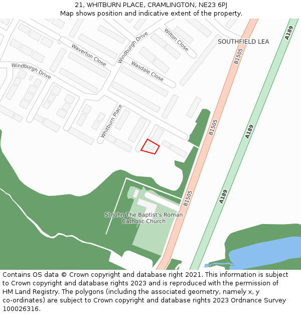 21, WHITBURN PLACE, CRAMLINGTON, NE23 6PJ: Location map and indicative extent of plot