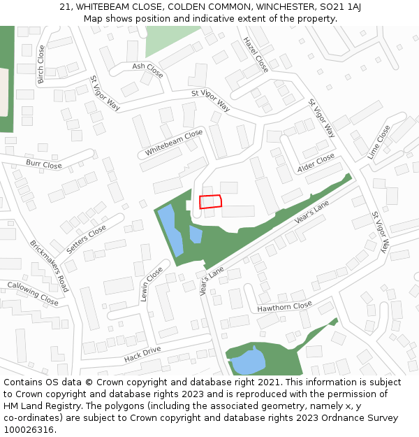 21, WHITEBEAM CLOSE, COLDEN COMMON, WINCHESTER, SO21 1AJ: Location map and indicative extent of plot