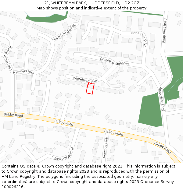 21, WHITEBEAM PARK, HUDDERSFIELD, HD2 2GZ: Location map and indicative extent of plot