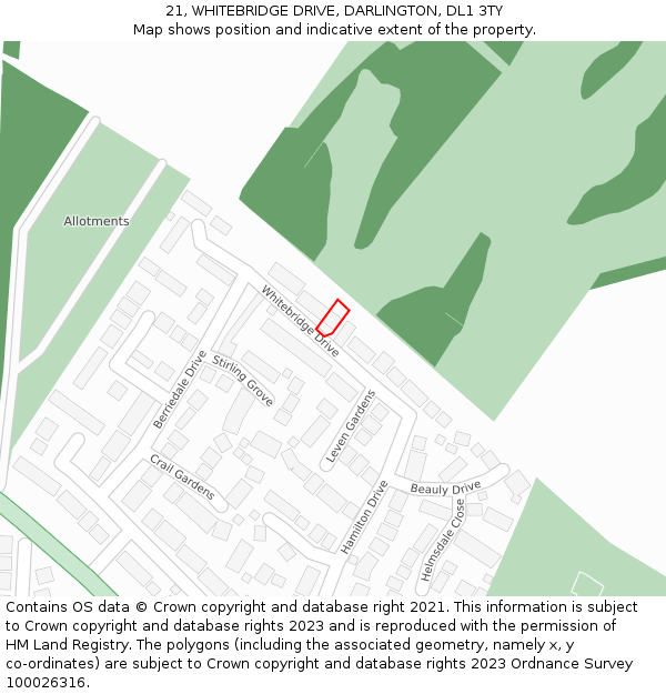 21, WHITEBRIDGE DRIVE, DARLINGTON, DL1 3TY: Location map and indicative extent of plot