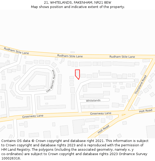 21, WHITELANDS, FAKENHAM, NR21 8EW: Location map and indicative extent of plot