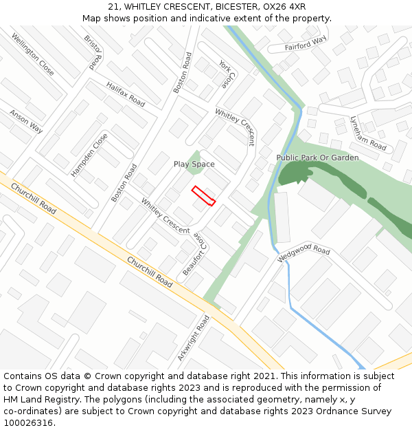 21, WHITLEY CRESCENT, BICESTER, OX26 4XR: Location map and indicative extent of plot