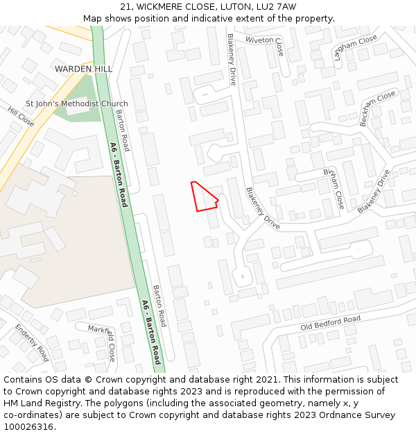 21, WICKMERE CLOSE, LUTON, LU2 7AW: Location map and indicative extent of plot