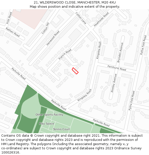 21, WILDERSWOOD CLOSE, MANCHESTER, M20 4XU: Location map and indicative extent of plot