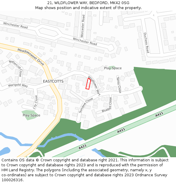 21, WILDFLOWER WAY, BEDFORD, MK42 0SG: Location map and indicative extent of plot
