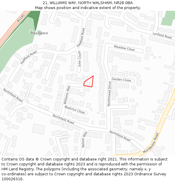 21, WILLIAMS WAY, NORTH WALSHAM, NR28 0BA: Location map and indicative extent of plot