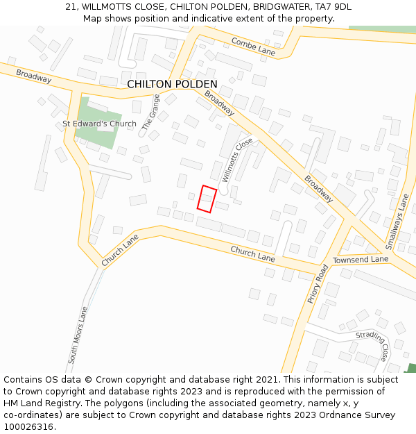 21, WILLMOTTS CLOSE, CHILTON POLDEN, BRIDGWATER, TA7 9DL: Location map and indicative extent of plot